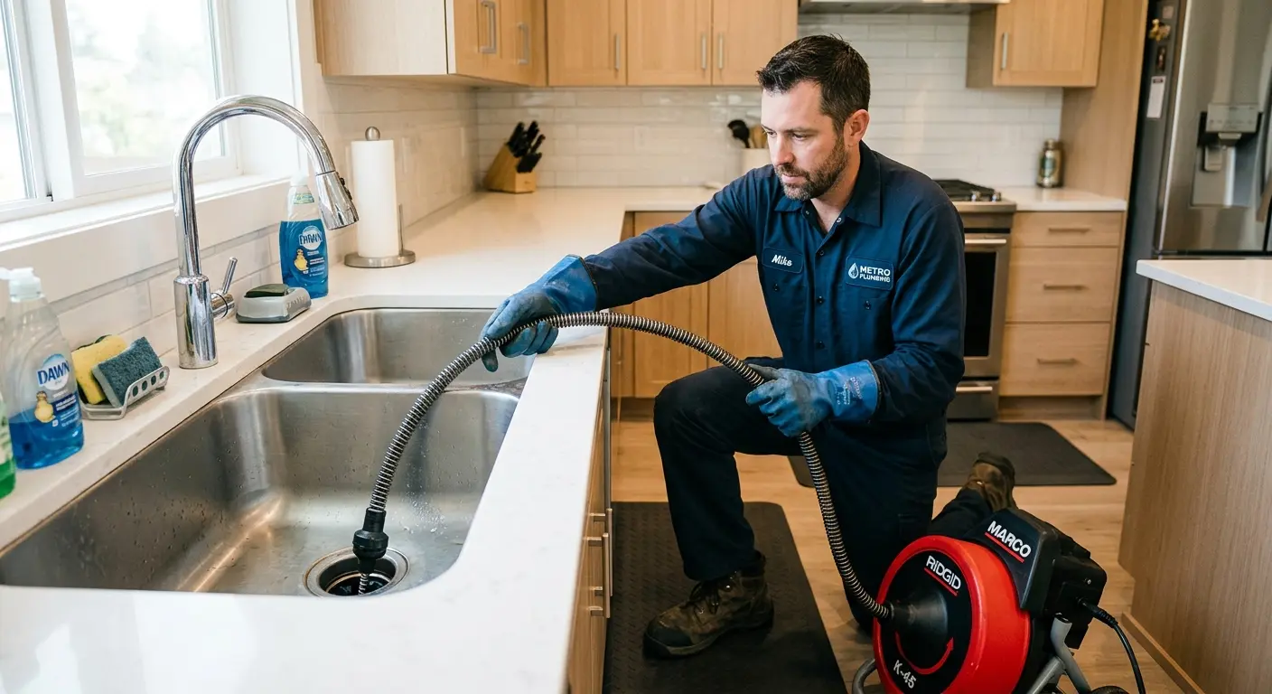 Drain cleaning technician using a motorized snake on a kitchen sink in Wesley Chapel