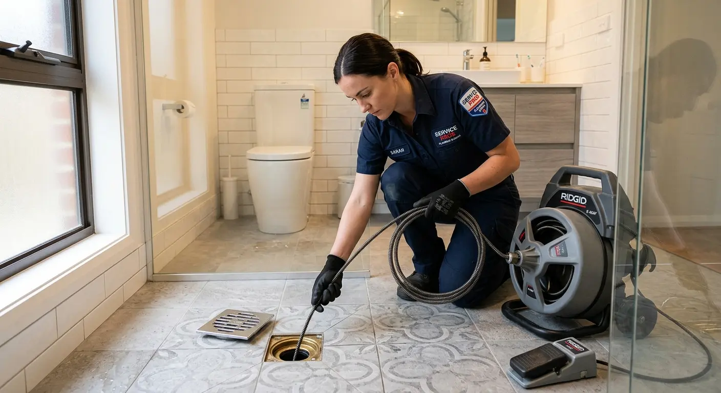 Technician clearing a bathroom floor drain for Hydro Jetting in Wesley Chapel